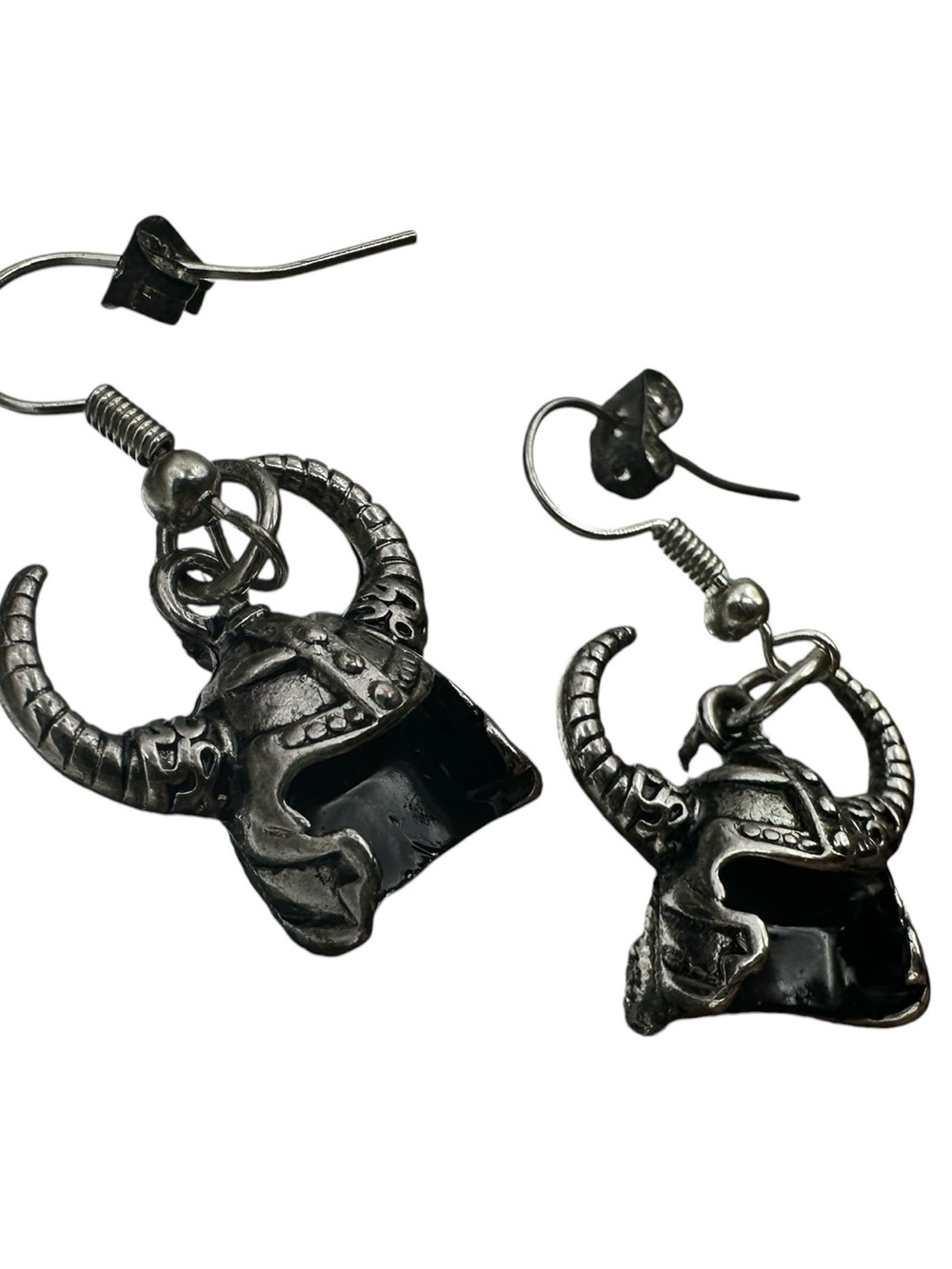 Viking Horn Helmet Dangle Earrings - Silver Black